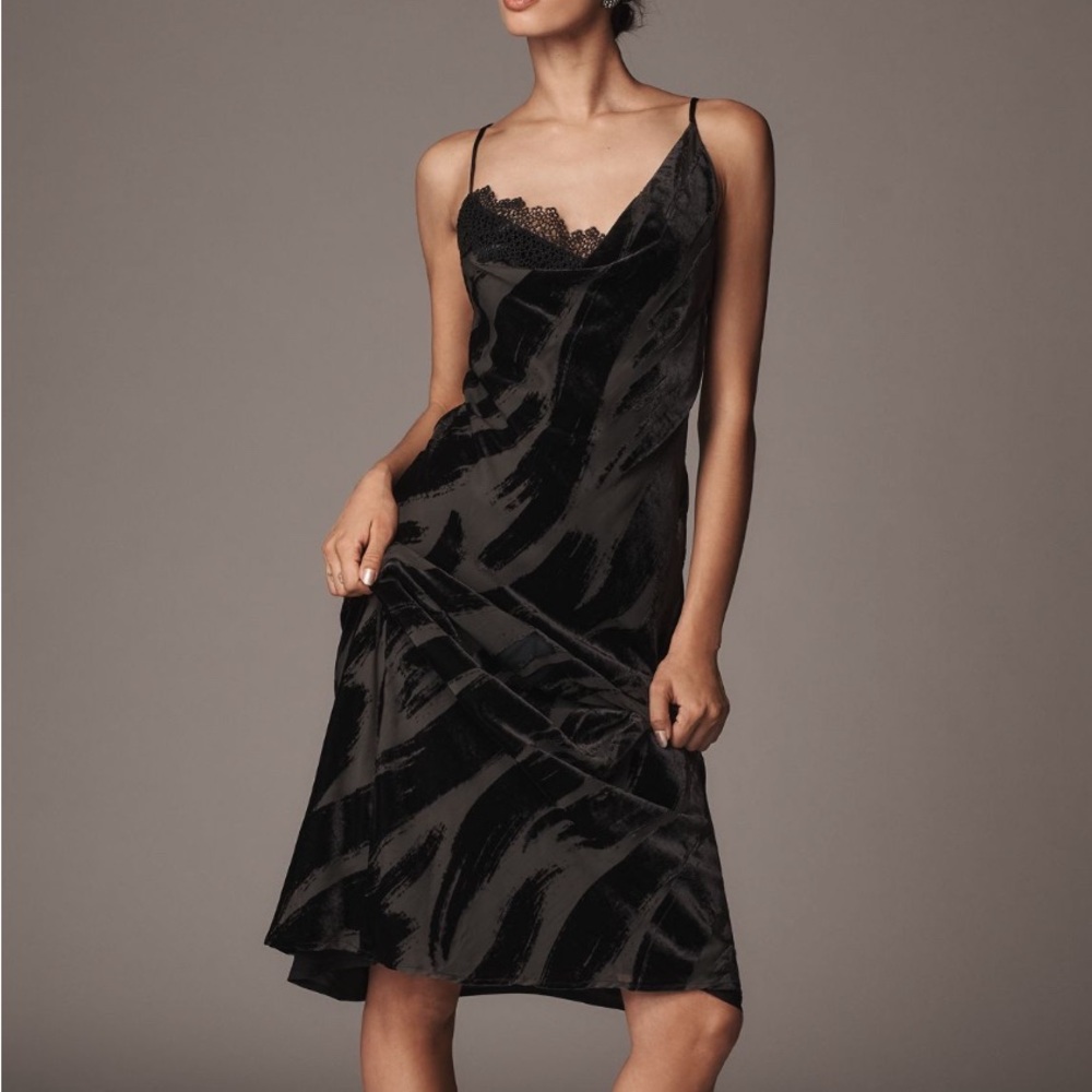 By Anthropologie Chic Black Patterned Midi Dress with lace and velvet details